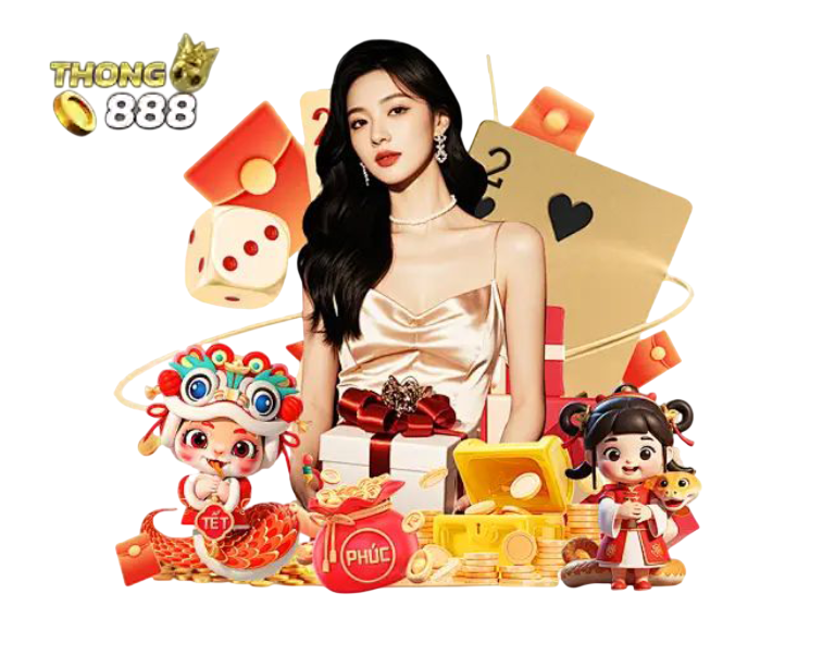 ภาพผู้หญิงแนวคาสิโนล้อมด้วยตัวการ์ตูนจีนมงคล เหรียญทอง ไพ่ และสัญลักษณ์โชคลาภ
